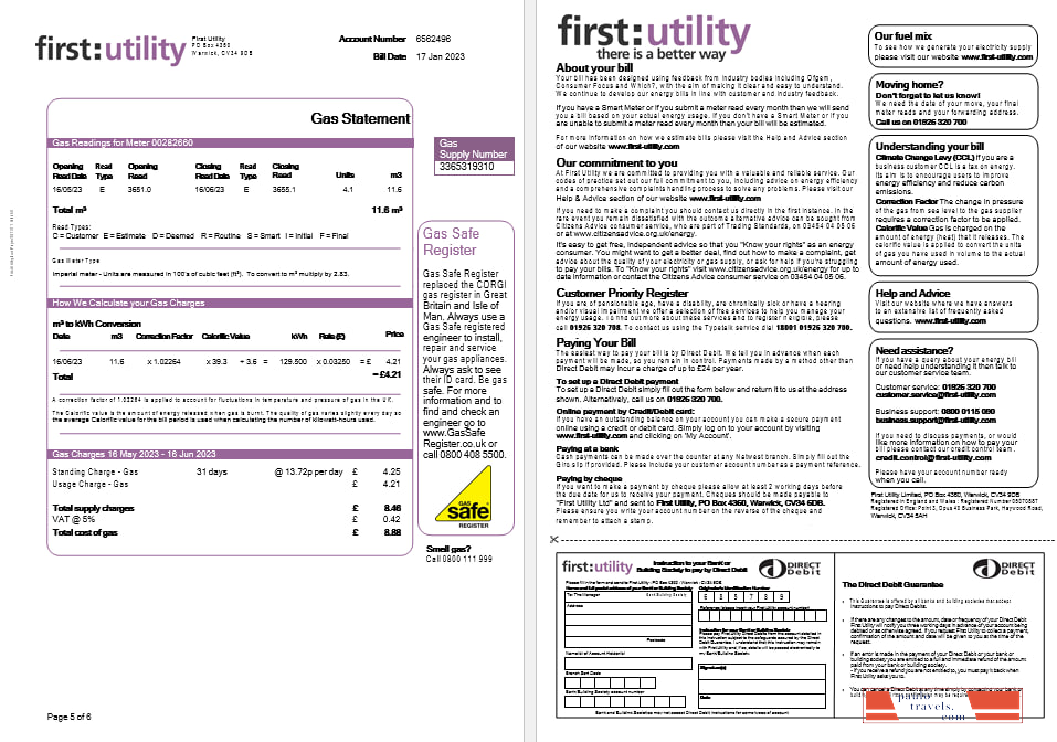 United Kingdom First gas and electricity utility bill in Word and PDF formats, 6 pages..